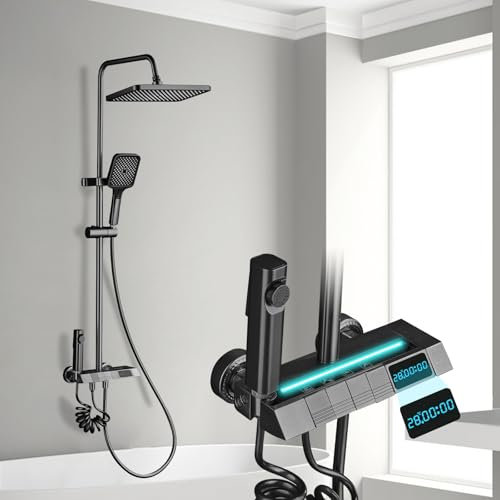 CALISTOUK Columna de Ducha con Rociador superior/Ducha de mano ABS, 4 Modos Indicación de La Temperatura del Agua, Columna Ducha Columna de Baño Multifuncional Altura Ajustable 77-115cm, Negro