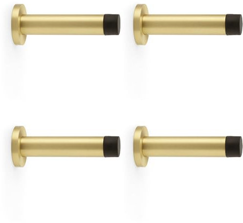 4 Pack - Rubber Tip Smooth Wall Mounted Doorstop - Satin Brass 80mm Projection & Rose