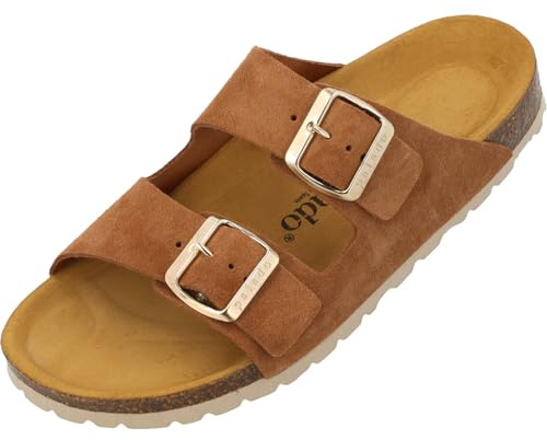 Palado Pantoletten Damen Korfu Suede Premium Leather - bequeme Sandalen Made in Spain - Hausschuhe mit Kork-Fußbett - modische Sommerschuhe Braun UK9,5 - EU43