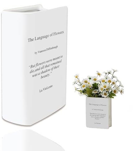 Buchförmige Vase, dekorative künstliche Keramikvasen, 18 cm, weiße Vasen für Heimdekoration, Schreibtisch, Bücherregal, Tischdekoration, einzigartiger Buchstabendruck, Buchvase für Blumen, Tulpen