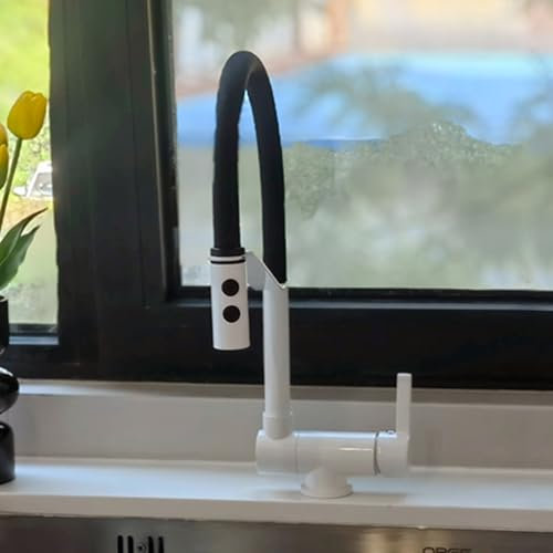 XJTNLB Grifo Cocina Abatible y Extraible Blanco Grifo de Cocina Fregadero Plegable Grifo Bajo Ventana Cocina y Rotacion 360º