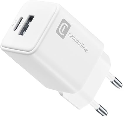 cellularline - Multipower Dual Port 30 W - Netzladegerät - für Tablets, Smartphones und Laptops - Ausgang: 30 W - 2 Ports: USB + USB-C - Weiß