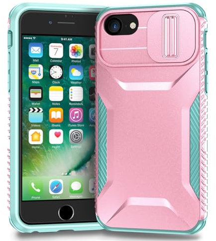 Yerebel Hülle für iPhone SE 2022/SE 3 2022/SE 2020/iPhone 7/iPhone 8/iPhone 6/6S Handyhülle Kameraschutz mit Slide Camera Schutz in Militärqualität Stoßfest Rutschfest Schutzhülle für iPhone 8 PC Pink