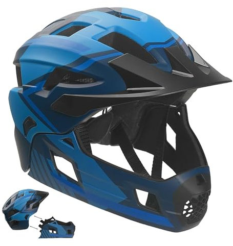 Crazy Safety Blauer Fullface Helm | Für Mountainbike, BMX, Skateboard | Kinderhelm mit abnehmbarem Kinnschutz | Fullface- und Standardhelm | Motocross Fahrradhelm Größe M 54-57 cm