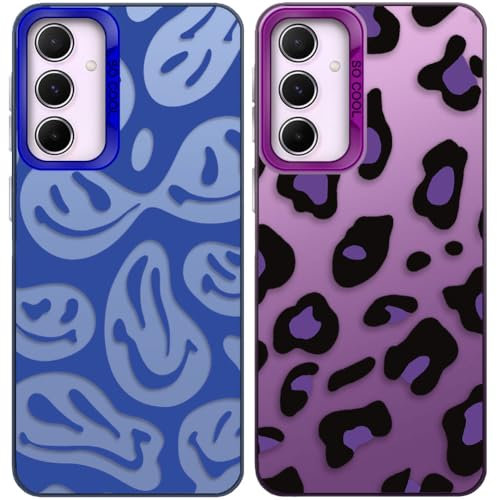 2 Pezzi Cover per Samsung Galaxy A35 5G 6,6, Leopard print e smiley face design, Copertura posteriore del PC dura con TPU Soft Matte Silicone Bumper Custodia protettiva antiurto - Viola + Blu