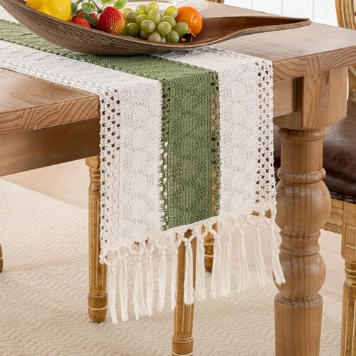 Tischläufer Grün Boho Tischdeko Outdoor Tischläufer mit Quasten Makramee Landhausstil Küche Esstisch Dekoration 30 x 180 cm für Drinnen Draußen Urlaub Party Tisch Deko