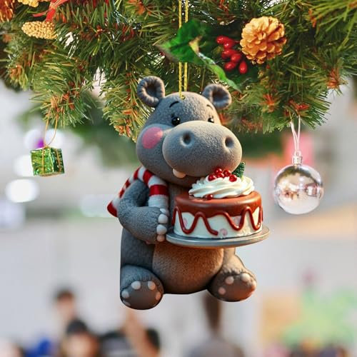 2D Acryl Nilpferd Anhänger für Weihnachten und Geburtstag, Nilpferd hält Kuchen Hängende Ornament Niedliche Weihnachtsanhänger Baumschmuck Weihnachtsdeko Geburtstag Geschenk (G)