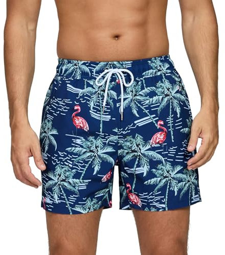 Aisprts Badeshorts Herren mit Reißverschlusstaschen Atmungsaktive Schnell Trocknende und Wasserabweisend Badehose, Schwimmhose Herren mit Meshfutter und Tunnelzug, T2 Kokospalme + Flamingo, XXL