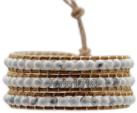 Handgefertigtes Wickelarmband aus echtem Leder mit natürlichen Edelsteinen, 3 Wickeln, Weiß Türkis