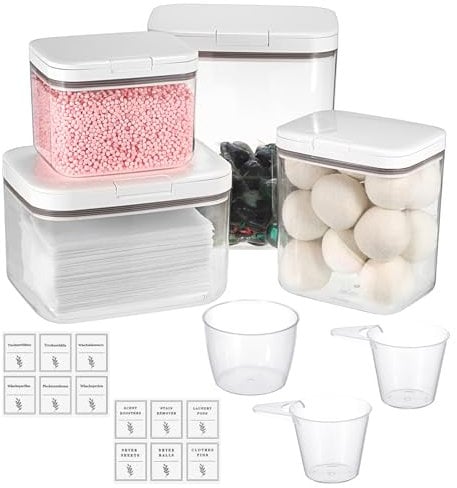 TOLIDA 4PCS Clear Laundry Pods Containers White Push Up Lid - 5.5L+2.8L+2L+1.2L Stackable Laundry Room Storage Boxes Set, Sealing Organization for Bath Bombs Scent Booster Powder Dryer Balls
