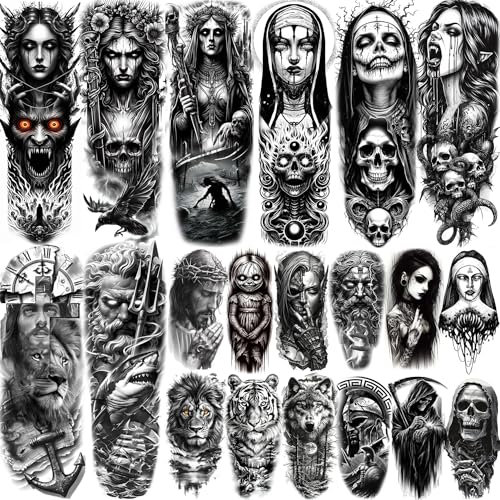 20 Sheets Gothic Full Arm Sleeve Temporary Tattoos For Men Adults Thigh, Temp Nun Girl Skull Skeleton Zeus God Jesus Christ Fake Tattoo Sleeve For Women, Scary Halloween Tattoo Stickers Demon Vampire