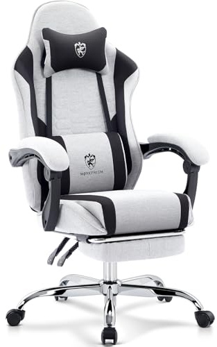Morkprism Gaming Chair Breathable Fabric,Computer Office Chair with Footrest,Massage Lumbar Support and Gel Pad,Ergonomic Reclining Adjustable Gamer Chair with Headrest and Spring Cushion Grey Black