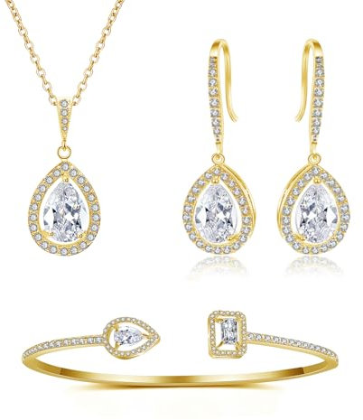 Glintara Braut Schmuckset für Damen, 3 Stück Teardrop Hochzeit Brautschmuck Set - Tropfen Anhänger mit Kette & Haken Ohrhänger & Tennis Armband, Wassertropfen Cubic Zirkonia Schmuck Set für Hochzeit