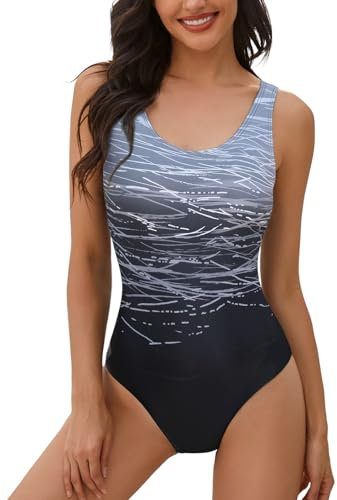 heekpek Einteiliger Badeanzug Damen Sport Weste Gradient Badeanzug Bauchweg Hoher Taille Slim Fit Bademode Swimsuit, Schwarz-b, L