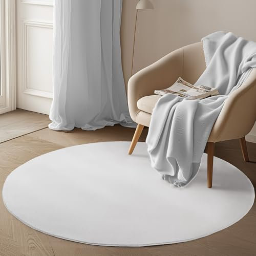 Carpetsale24 Kurzflor Teppich Wohnzimmer 120 cm Rund Weiß - Runder Teppich Waschbar, rutschfest, Weich, modern einfarbig Design - für Schlafzimmer, Küche, Esszimmer