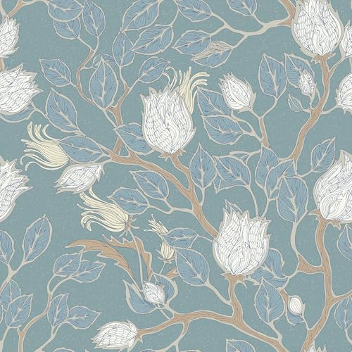FunStick Papel Pintado Pared Salon Flores Hojas Vintage Gris Azul Turquesa Pálida Papel Adhesivo para Muebles Flores Pintadas a Mano Impermeabile Vinilo Adhesivo Pared Armario Floral Azul 44.5CMx3M