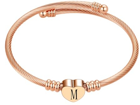MiniJewelry Rose Gold A-Z Initial Letter Cuff Heart Bangle Bracelets for Women Daughter Family Alphabet Name Birthday Bracelet Christmas Stainless Steel