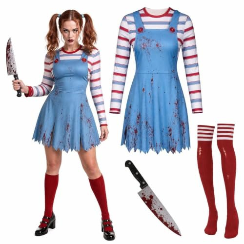 Meriviva Creepy Costume Women, Creepy Doll Costume with Rainbow Striped Top Skirt Stockings Fake Knife Tattoo Stickers for Halloween Party Dress Up