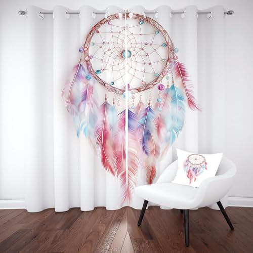 Kntnshac Bunt Traumfänger Thermo Vorhang mit Ösen, Tiere Feder Gardinen Blickdicht, Lärmschutzvorhang, Moderne Ästhetik Verdunklungsvorhänge Schlafzimmer, Curtains Living Room 2er Set 137x117 cm