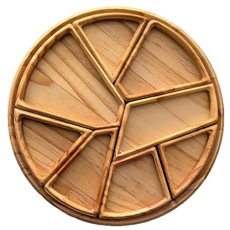 Geteilte Holz-Lebensmittelschale, runde Schale, geteiltes Vorspeisen-Serviertablett, Servierschalen mit 8 herausnehmbaren Fächern für Snack, Nuss, Obst, Gemüse, Chips und Dip (A)