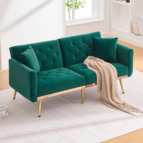 Modernes Zweisitzer-Sofa fürs Wohnzimmer, Zweisitzer-Sofa mit Kissen, Samtsofa mit Verstellbarer Rückenlehne, bequemes Schlafsofa mit gepolsterten Sitzkissen und Metallbeinen für kleine Räume, smarag