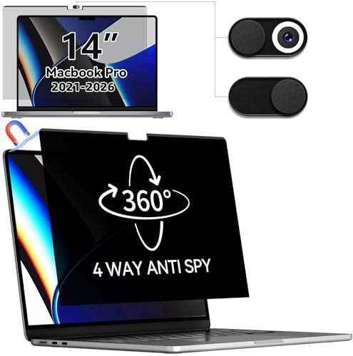 IPROKKO 360° Magnetic Privacy Screen Filter for Macbook Pro 14 inch (2021-2026, M1,M2,M3,M4,M5), Removable Easy On/Off Anti Blue Light Glare Laptop Privacy Screen, Compatible with Mac Pro 14.2 Laptop