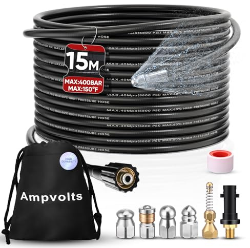Ampvolts 15M Déboucheur Canalisation Haute Pression - Équipé de 5 Buses de Nettoyage et Adaptateur Karcher, 5800 PSI/400 Bar, Compatible avec Karcher K2-K7