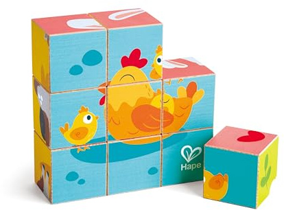 Hape Bauernhoftiere-Blockpuzzle - Würfelpuzzle – 6-in-1 Puzzle mit 9 Bauernhoftiere-Motiven, Tierpuzzle aus Holz für Kleinkinder, Motorikspielzeug und Lernspiel für Kinder ab 24 Monaten