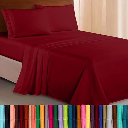 Elegant Comfort Luxurious 1500 Premium Hotel Quality Microfiber Three Line Embroidered Softest 4-Piece Bed Sheet Set, Wrinkle and Fade Resistant, Twin/Twin XL, Burgundy