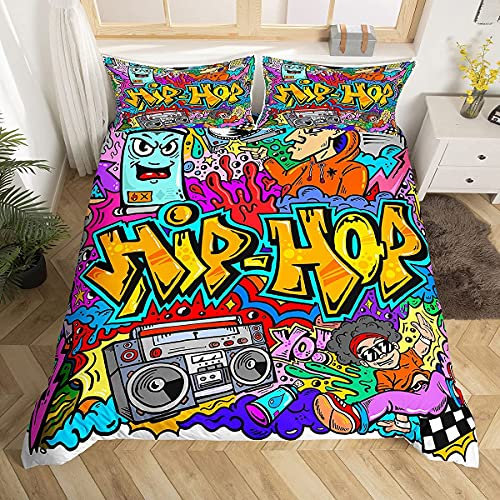 Graffiti-Bettwäsche-Set für Kinder, Hip-Hop-Thema, Radio, Rock, Jugendliche, Bettdeckenbezug, für Jungen, Teenager, bunt, dekorativ, Einzelbett-Bezug (1 Tagesdecke + 1 Kissenbezug), Reißverschluss