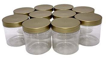 Truenova- Set of 10 x 250ml Small Round Plastic Storage Jars Kitchen/Garage Organisation Gold Flat Lids