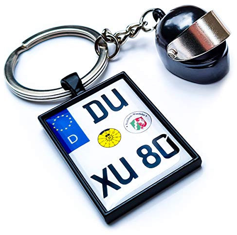 Internetservice Timo Lindner Motorradkennzeichen Schlüsselanhänger mit Helm in schwarz, personalisiertes Kennzeichen Nummernschild Motorradfahrer Geschenk Führerschein