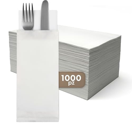 GIORDANO Cart 1000 Buste Portaposate Monouso in Carta Politenata Stile Neutro 10x25 cm con Tovagliolo 40x40 P/8 – Bustine Porta Posate Usa e Getta per Ristoranti, Catering e Casa Made in Italy