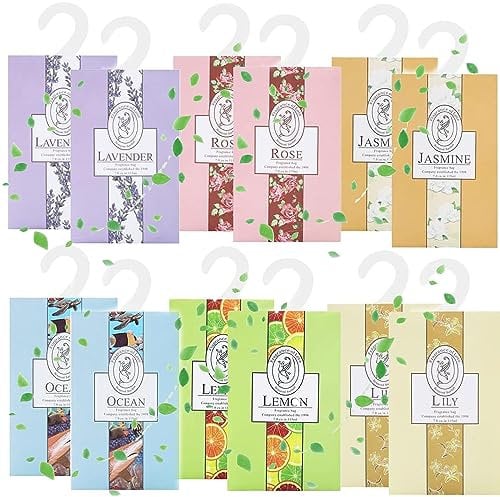 WDEC 12pcs Sachet Sachet, Armoire à Tiroirs, Chambre à Vêtements, pour Placard Et Voiture, Parfum Agréable Et Frais, Morceaux De Lavande, Jasmin, Lys, Rose, Océan, Le Citron