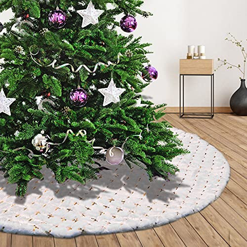Deggodech 90cm Weihnachtsbaum Röcke Weiß Plüsch Weihnachtsbaum Rock Matte Weißer mit Gold Kreuz Pailletten Weihnachtsbaumdecke Fell Christbaumständer Dekorationen Teppich (Weiß, 90cm/35zoll)
