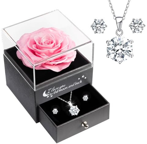 Sunia Preserved Eternal Rose with Jewellery Sets-Sliver Round Necklace Stud Earrings for Women, Eternal Love Gifts for Girlfriend&Wife&Mum for Christmas Anniversary Birthday Valentine's Day