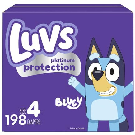 Luvs Size 4 Baby Diapers, Platinum Protection Bluey Diapers for Day & Night, Size 4, 198 Count (Packaging May Vary)