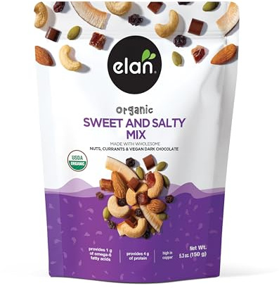 Elan Organic Sweet & Salty Mix, 5.3 oz, Non-GMO, Gluten-Free, Vegan, Kosher, Vegan Dark Chocolate, Dried Fruits (Raisins, Dates), Nuts (Roasted Cashews, Roasted Almonds) & Pumpkin Seeds