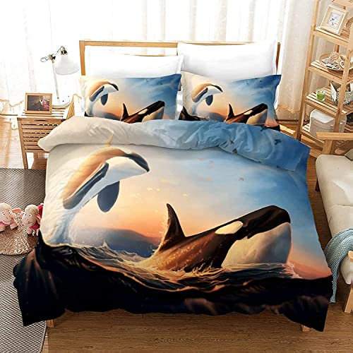 XCDMSM Bettwäsche-Set, 3D-Druck,Orca Vater und Sohn BettwäSche Mikrofaser Bettbezug Mit ReißVerschluss Kissenbezug 1 Bettbezug 135 x 200 cm, 1 Kissenbezüge 80 x 80 cm.