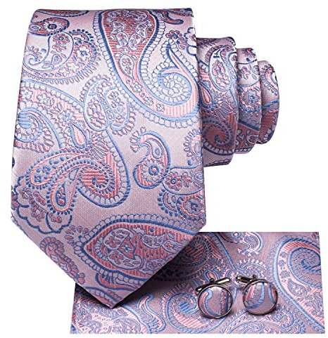 Hi-Tie Herren Krawatte Schwarz Paisley/Plaid/Streifen/Einfarbig Krawatten Set Einstecktuch Manschettenknöpfe Business Formal Hochzeit Meeting Geschenkbox,rosa Paisley