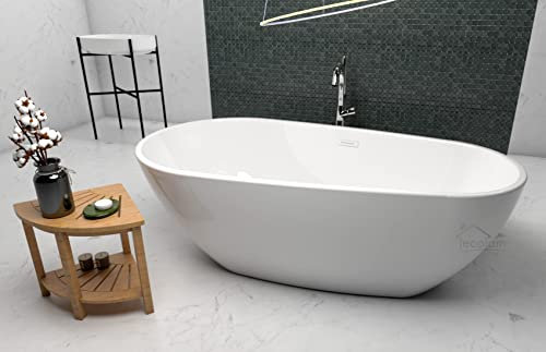 ECOLAM Baignoire autoportante Kira 160x83 cm + table d'angle en Bambou Costa Baignoire îlot en acrylique blanc. Siphon Click Clack