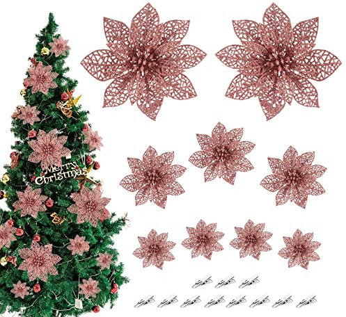 ilauke Stella di Natale Glitterata 30 Pezzi Fiori Artificiali per Albero di Natale Fiori Glitter,Fiori di Natale Poinsettia Fiori Artificiali con Glitter di Nozze Ornamenti di Capodanno (Oro Rosa)