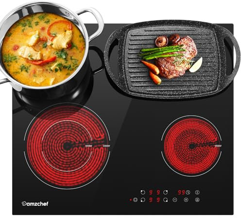 AMZCHEF Piano cottura in vetroceramica, 6600 W elettrico con 4 fuochi, 9 livelli di potenza, doppia zona, zona tostatura, funzione di pausa, controllo touch scorrevole, blocco bambini