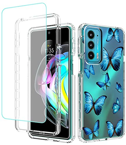sidande Case for Moto Edge 20 Case, Motorola Edge 20 Case with Tempered Glass Screen Protector, Full Body Clear Floral TPU Slim Phone Protective Armor Cover for Motorola Moto Edge 20 5G (Butterfly)