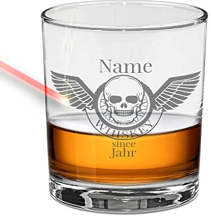 Whiskyglas mit Gravur selbst gestalten - Totenkopf mit Flügel - mit Name & Jahr personalisieren - Whisky Glas graviert Tumbler, Geschenk für Männer zum Geburtstag, Weihnachten | 315 ml, Gravur