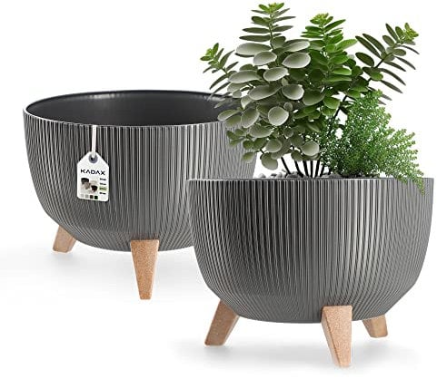 KADAX Blumentopf aus Kunststoff mit DREI Einsteckstützen, runde Blumenschale, Pflanzkübel, Blumenkübel, Pflanzschale für Balkon, Wohnzimmer (33 cm Ø/Anthrazit)