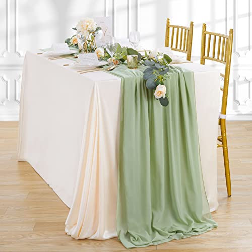 QueenDream Chiffon-Tischläufer, durchsichtig, romantisch, für Hochzeit, Geburtstag, Party, Outdoor-Dekorationen, 68 x 305 cm, Salbeigrün, 10 Stück