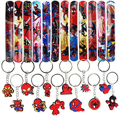 Spiderman Kindergeburtstag Geschenke Set,12 Slap Armbänder Slap Bands + 12 Schlüsselanhänger, Superheroes Party Mitgebsel, Geburtstags Party Zubehör, Schnapparmband für Mädchen Jungen Party Geschenke