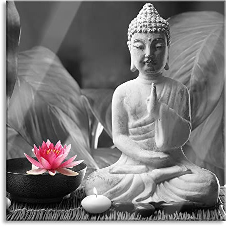 Pixxprint Glasbild, Wandbild auf Echtglas, Buddha mit Seerose, 50x50 cm, inkl. Aufhängung und Abstandshalter