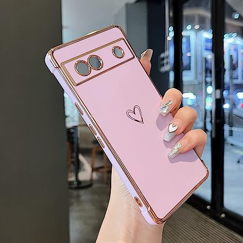 ZTOFERA Compatible with Google Pixel 7a Case for Girls Women, Flexible Soft Silicone Protective Phone Case with Cute Love Heart Pattern Golden Edging Shockproof Bumper Cover, Purple